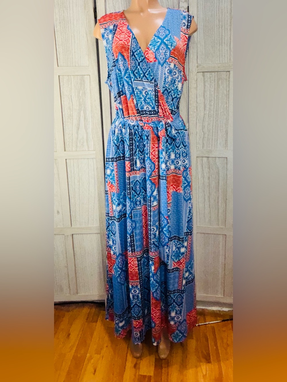 Printed Blue and Coral Patchwork Maxi Skirt Dress - Women's Summer Maxi
